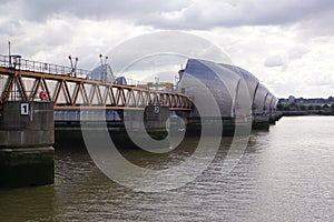 London, UK: view of the gates of the Thames barrier in Silvertown, Newham
