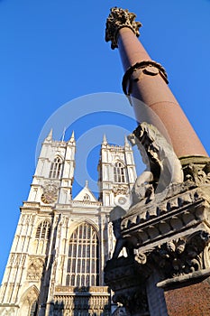 LONDON, UK: Westminster Abbey and scholars war memorial column