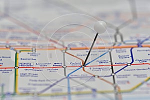 London Underground Map with pin in Oxford Circus Station