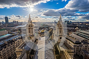 London, United Kingdom - Aerial panoramic view of London with St.Paul`s Cathedral at sunset