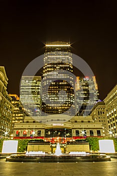 London, London / United Kingdom - April 25, 2011: A night long exposure of the Canary Wharf financial district