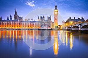 London, United Kingdom. Big Ben and Parliament Building during blue hour