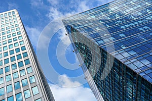 London, United Kingdom - February 02, 2019: Looking up modern skyscrapers - Westminster City Hall at 64 Victoria street, blue sky