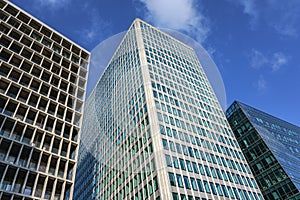 London, United Kingdom - February 02, 2019: Looking up modern skyscrapers - Westminster City Hall at 64 Victoria street, blue sky