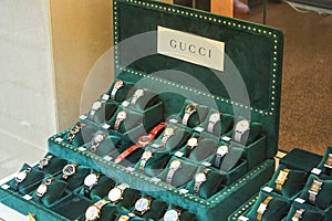 London, United Kingdom - February 01, 2019: Luxurious Gucci women jewellery timepieces displayed in designer watches shop on