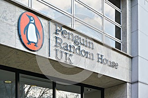 London, United Kingdom - February 02, 2019: Orange Penguin Random House sign on their UK branch at 20 Vauxhall Bridge. PRH is a