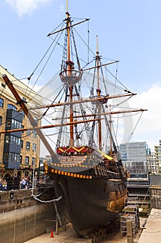 Golden Hind, replica of a 16th century ship in the seafront of St Mary Overie, London, United Kingdom