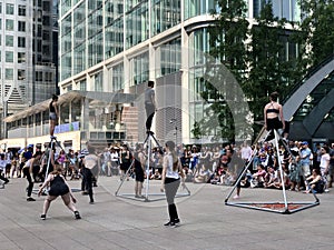 London, United Kingdom - June 29, 2019: Live performers in Canada Square in Canary Wharf