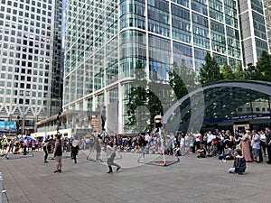 London, United Kingdom - June 29, 2019: Live performers in Canada Square in Canary Wharf