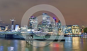 London, United Kingdom - November 24, 2019: Night view on the London Skyline at Thamse River
