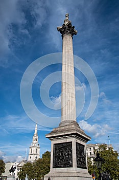 Nelson`s column, built in 1843 in Trafalgar Square to commemorate Admiral Horatio