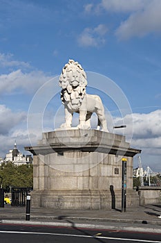 Statue of the South Bank Lion, a coade stone sculpute on the north side of Westminster