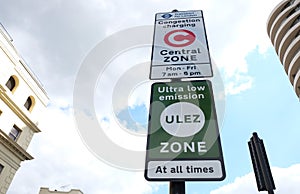 London, United Kingdom, 2019 Sign showing Congestion zone area and ULEZ zone, London intitiatives to reduce emissions in the city photo