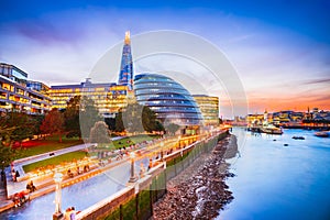 London, United Kingdom. Skyline view of the famous New London, City Hall and Shard, Thames River southbank