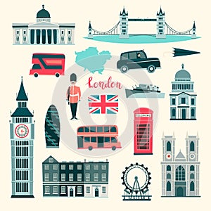 London vector illustration set. Cartoon United Kingdom icons. London tourist landmarks