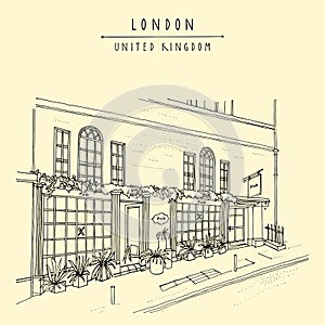 London vector sketch postcard. London city, England, United Kingdom, Europe. Traditional English beer pub and old town house.