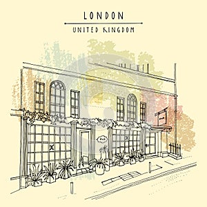 London vector sketch postcard. London city, England, United Kingdom, Europe. Traditional English beer pub and old town house.