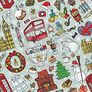 London winter seamless pattern.Christmas Doodles
