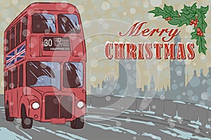London Xmas card with a red bus