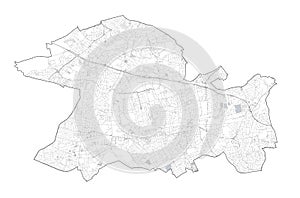 Satellite view of the London boroughs, map and streets of Ealing borough. England