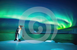 a lone adult penguin on an ice floe, an iceberg in the ocean, the kingdom of ice and snow, the northern lights