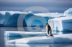 a lone adult penguin on an ice floe, an iceberg in the ocean, a lot of snow