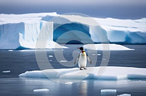 a lone adult penguin on an ice floe, the kingdom of ice and snow, an iceberg in the ocean, a lot of snow