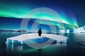 a lone adult penguin on an ice floe, the kingdom of ice and snow, an iceberg in the ocean, the northern lights