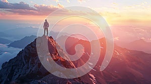 A lone adventurer stands atop a mountain peak as the sunrise paints a dramatic backdrop, signifying achievement and the majestic