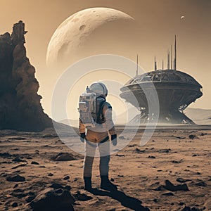 Lone Astronaut Exploring a Desert Alien World With Futuristic Structure and Moonscape