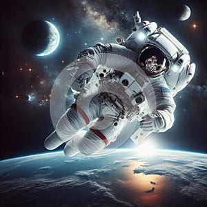 A lone astronaut floats amidst the vast expanse of space photo