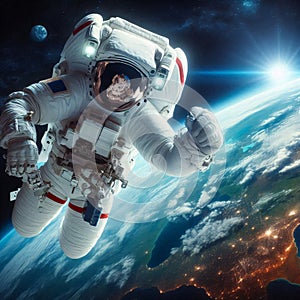 A lone astronaut floats amidst the vast expanse of space photo