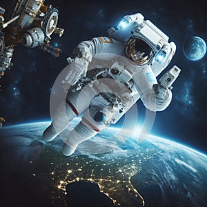 A lone astronaut floats amidst the vast expanse of space photo