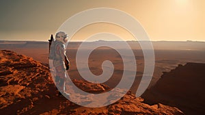 A lone astronaut standing on the surface of the red planet Mars. He looks around and observes the breathtaking view.