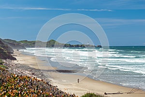 A lone beachcomber on Beverly Beach with Yaquina Head Lighthouse in the background near Newport, Oregon, USA