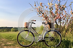 A lone bicycle stands against a tree in an open field, A leisurely Mothe Day bicycle ride in the countryside, AI