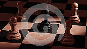 Lone black chess pawn surrounded by white chess pawns 3D animation