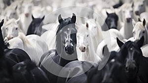 Lone Black Horse Among White Herd