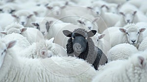 Lone black sheep among white sheep, clear background