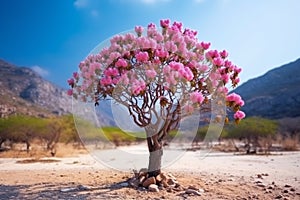 Lone bonsai tree with pink flower in an arid landscape AI generated