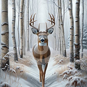 Lone Buck White-tail Deer Buck Wilderness Wintertime Birch Trees Snowy Pathway Forest Canada AI Generated