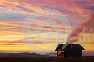 lone cabin with chimney smoke, surrounded by sunset colors