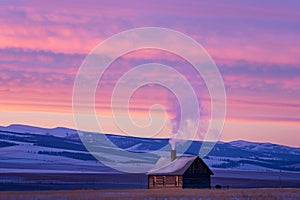 lone cabin with chimney smoke, surrounded by sunset colors