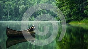 A lone canoe rests on the calm waters of a reflective lake surrounded by lush greenery. This serene podium image