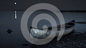 A lone canoe sits abandoned on the shore seemingly beckoning towards the eerie stillness of the moonlit lake. .