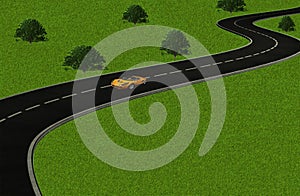 A lone car on a winding road