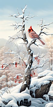 Lone Cardinal Perched On Cartoon Tree: Winter Fantasy Artwork