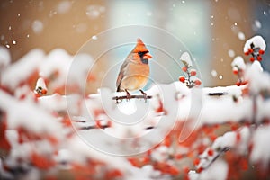 lone cardinal in snow-dusted shrubbery