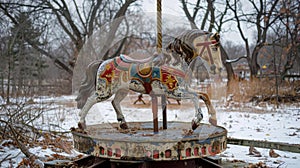 A lone carousel horse stands frozen in time its worn paint representing the fading magic of the once vibrant amut park photo