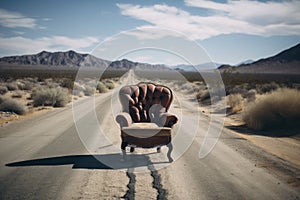 A lone chair on a deserted urban street creates a metaphorical image of loneliness and emptiness